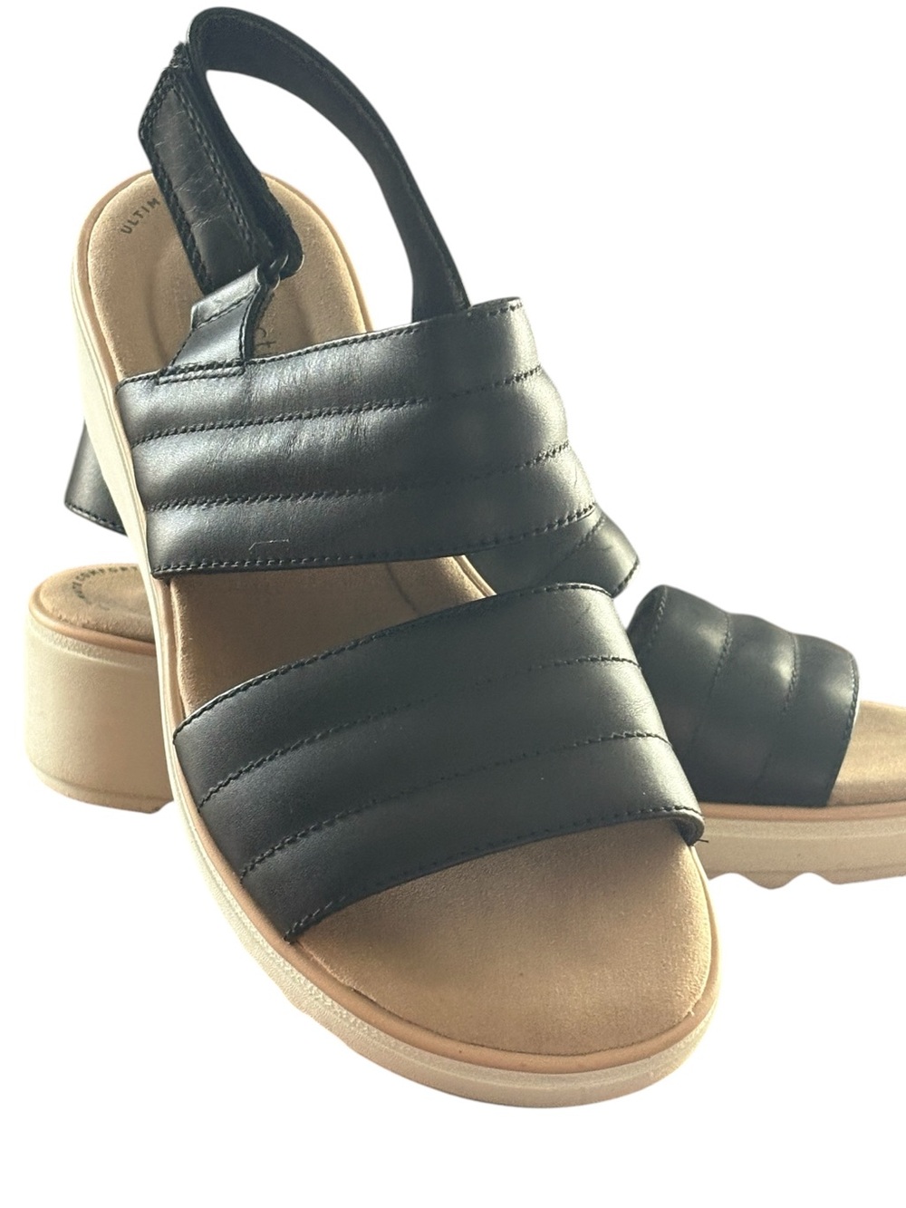 Clarks Black Quilted-Strap Platform Sandals with Cream Sole - Picture 2 of 7